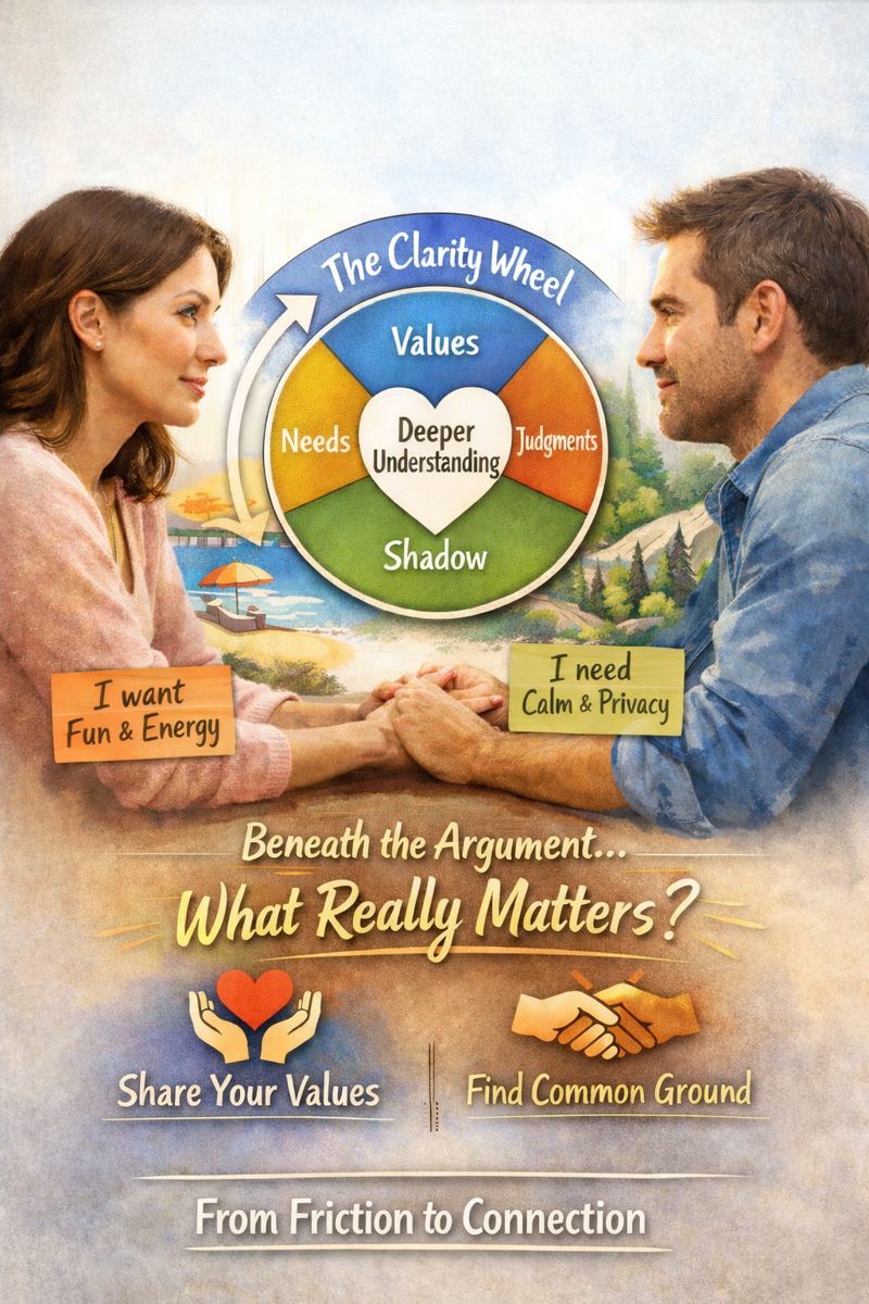 A couple facing each other calmly with The Clarity Wheel diagram illustrating values, needs, judgments and shadow as a way to turn relationship conflict into connection