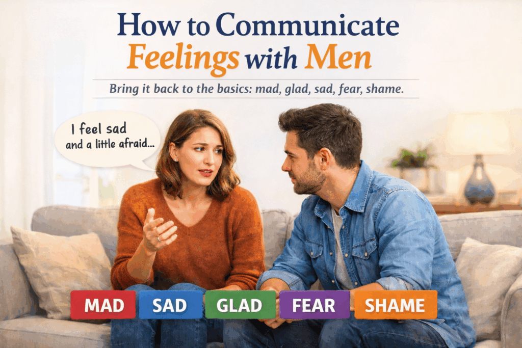 Woman communicating feelings with a man using five basic emotions