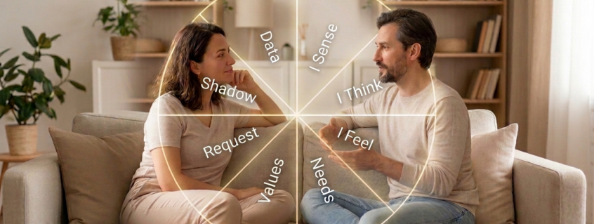 A man and woman sitting on a couch in a cozy living room, engaging in clear, compassionate communication guided by a translucent 8-segement Clarity Wheel overlay.