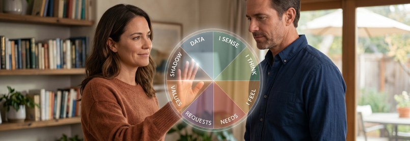 A couple in a calm living room using the Clarity Wheel framework—Data, I Sense, I Think, I Feel, Needs, Requests, Values, and Shadow—to navigate a tense moment and stay grounded.